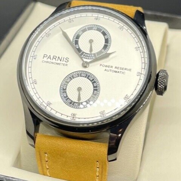 PARNIS 43mm White Dial Power Reserve Black PVD Coating Leather Automatic Watch - Picture 2 of 10